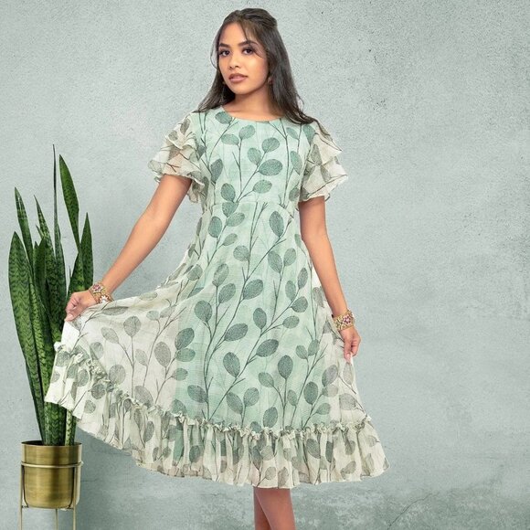 Green and White Printed Dress | Harmony Hues | Muvvas Boutique - Picture 9 of 10